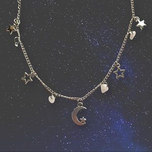 βοΈ Floating Moon and Star with Rose Quartz Crystals Silver Chain Necklace